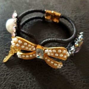 Betsey Johnson Cuff Bracelet Intricate Detailed Bow With Crystals & Faux Pearls